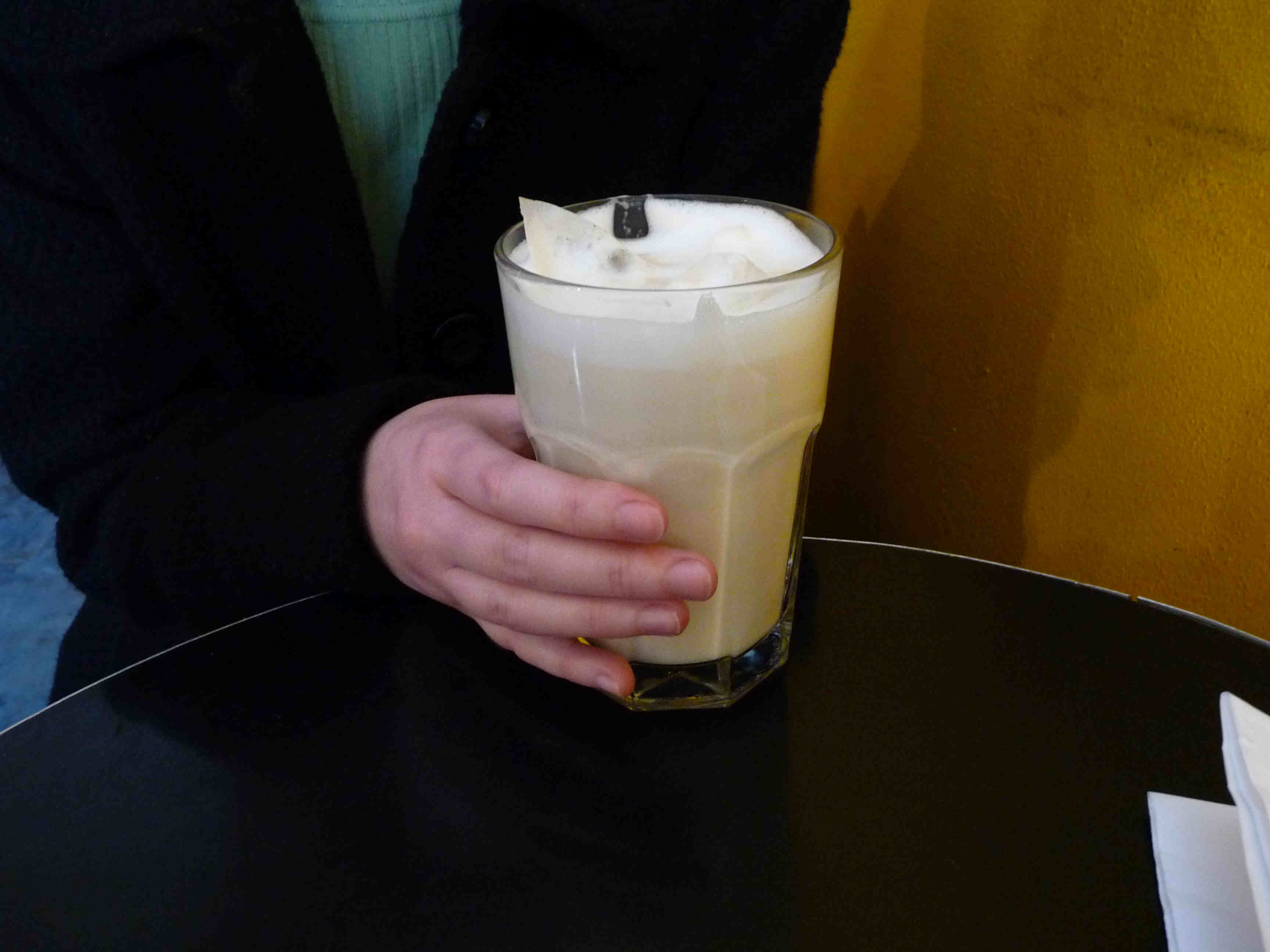 The Chai latte; notice the teabags steeping in the milk.